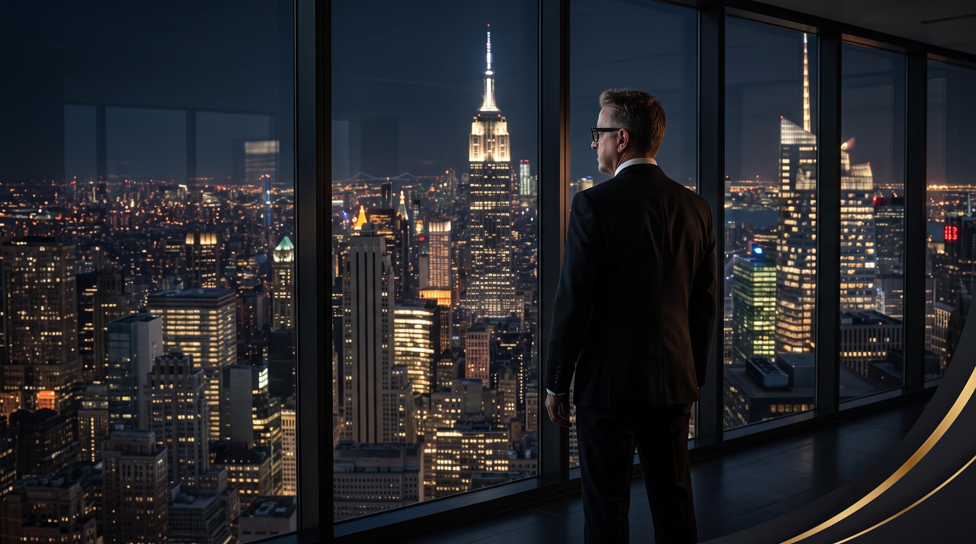 An executive looking out over a city skyline at night